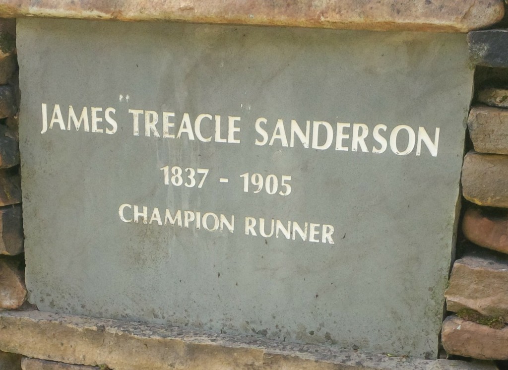 Photo of a stone plaque commemorating James "Treacle" Sanderson, 1837-1905, Champion Runner.